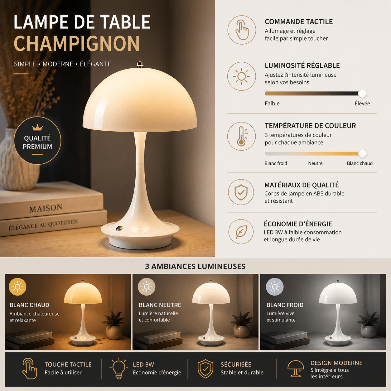 Infographie de la lampe de table champignon LED tactile présentant ses fonctionnalités principales : contrôle tactile, intensité lumineuse réglable, trois températures de couleur, matériaux durables et faible consommation d’énergie. Aperçu des modes blanc chaud, blanc neutre et blanc froid dans un design moderne adapté à la chambre, au salon ou à l’espace détente.