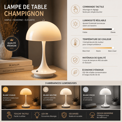 Infographie de la lampe de table champignon LED tactile présentant ses fonctionnalités principales : contrôle tactile, intensité lumineuse réglable, trois températures de couleur, matériaux durables et faible consommation d’énergie. Aperçu des modes blanc chaud, blanc neutre et blanc froid dans un design moderne adapté à la chambre, au salon ou à l’espace détente.