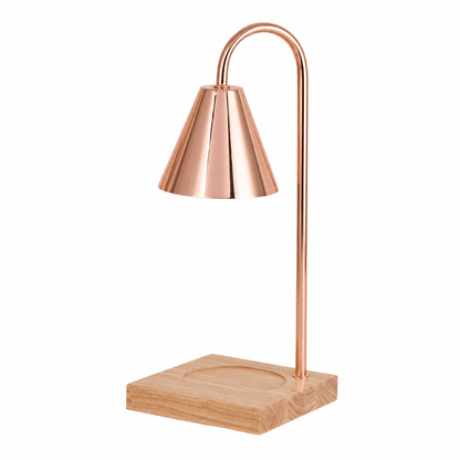 Lampe chauffe-bougie aromathérapie premium couleur cuivre rosé avec base en bois naturel. Design élégant et raffiné conçu pour faire fondre les bougies parfumées sans flamme et diffuser leurs fragrances de façon uniforme dans une ambiance chaleureuse et apaisante