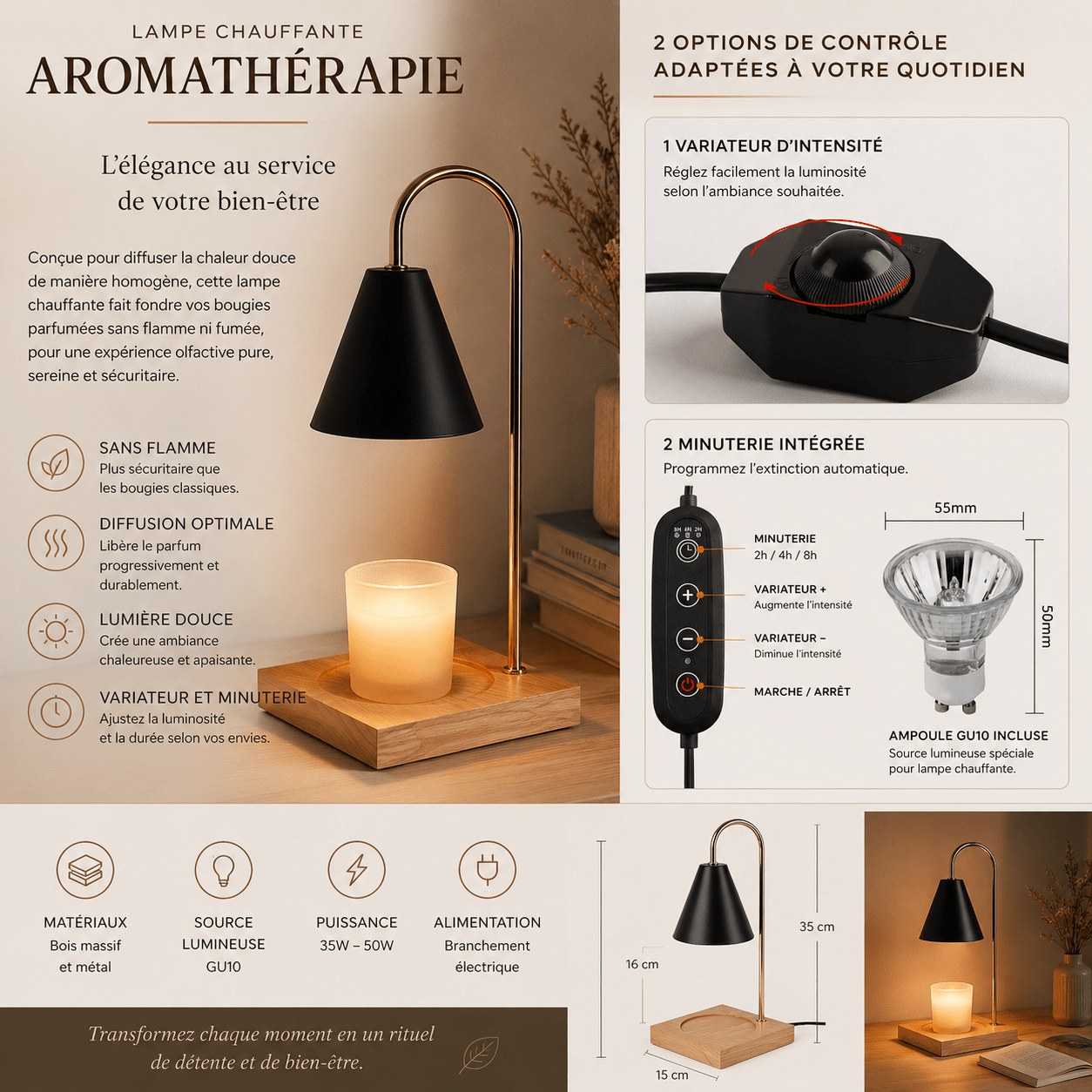 Infographie détaillée de la lampe chauffe-bougie aromathérapie premium noire avec variateur d’intensité et minuterie intégrée, présentant ses caractéristiques, ses dimensions, son fonctionnement sans flamme et ses options de contrôle pour une diffusion optimale des parfums