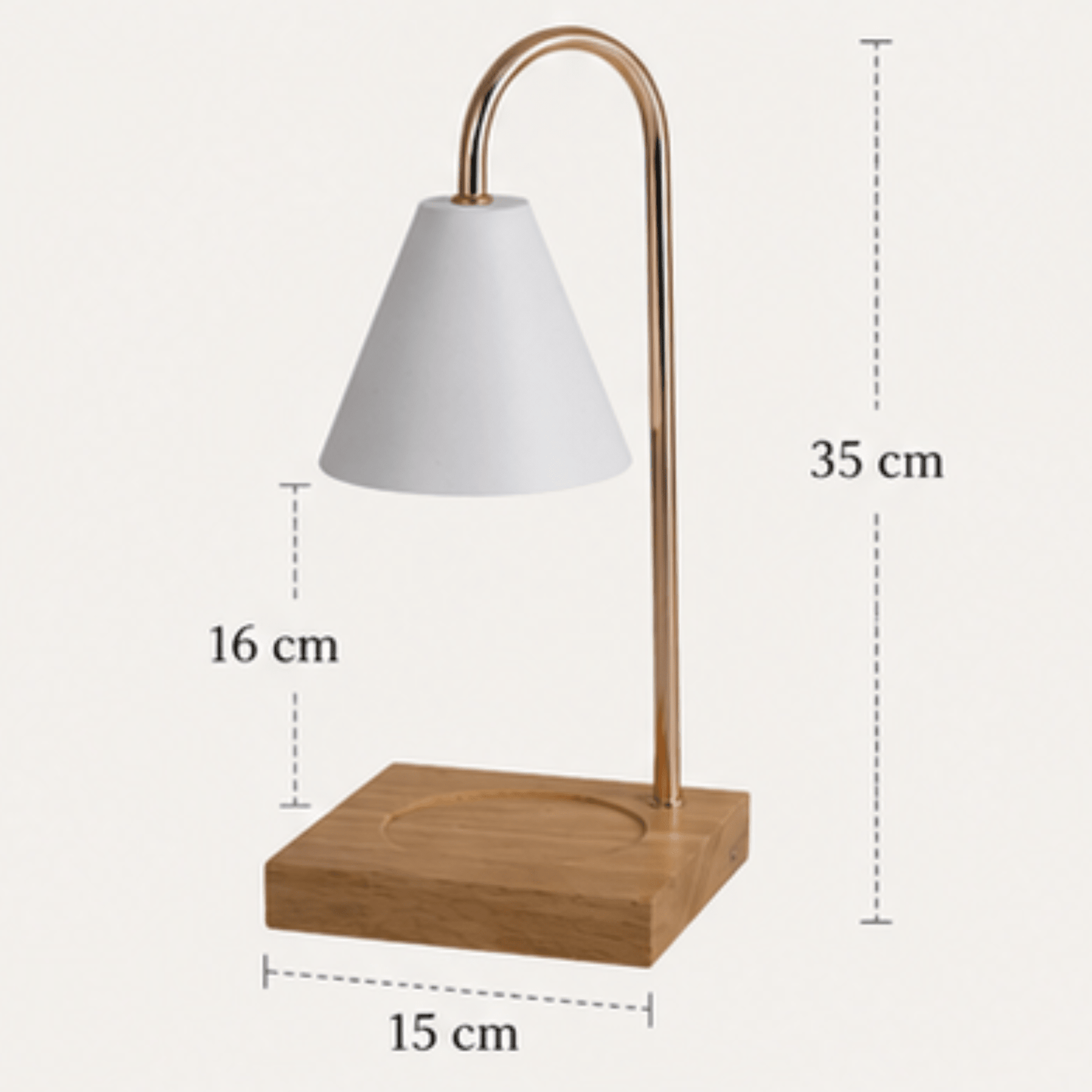 Dimensions de la lampe chauffe-bougie aromathérapie premium avec abat-jour blanc, structure métallique dorée et base en bois. Hauteur totale de 35 cm, hauteur sous lampe de 16 cm et base carrée de 15 cm pour une diffusion optimale des parfums sans flamme