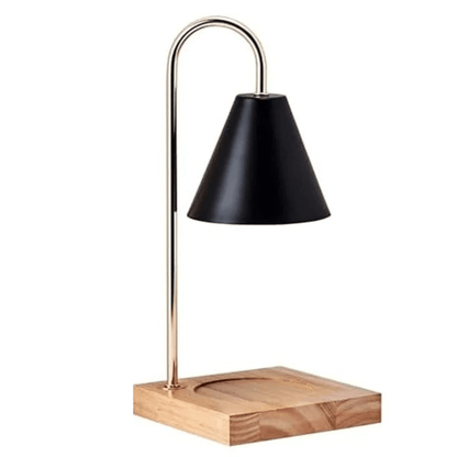 Lampe chauffe-bougie aromathérapie premium noire avec abat-jour métallique noir, structure élégante et base en bois naturel. Design moderne conçu pour faire fondre les bougies parfumées sans flamme et diffuser leurs fragrances en douceur dans toute la maison