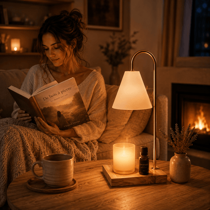Lampe chauffe-bougie aromathérapie premium diffusant délicatement la chaleur d’une bougie parfumée dans un salon chaleureux, idéale pour les moments de détente, de lecture et de bien-être