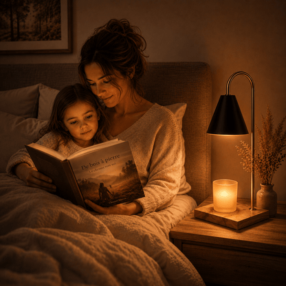 Lampe chauffe-bougie aromathérapie premium diffusant une chaleur douce et apaisante dans une chambre cocooning, idéale pour les moments de partage, de détente et de lecture avant le coucher.