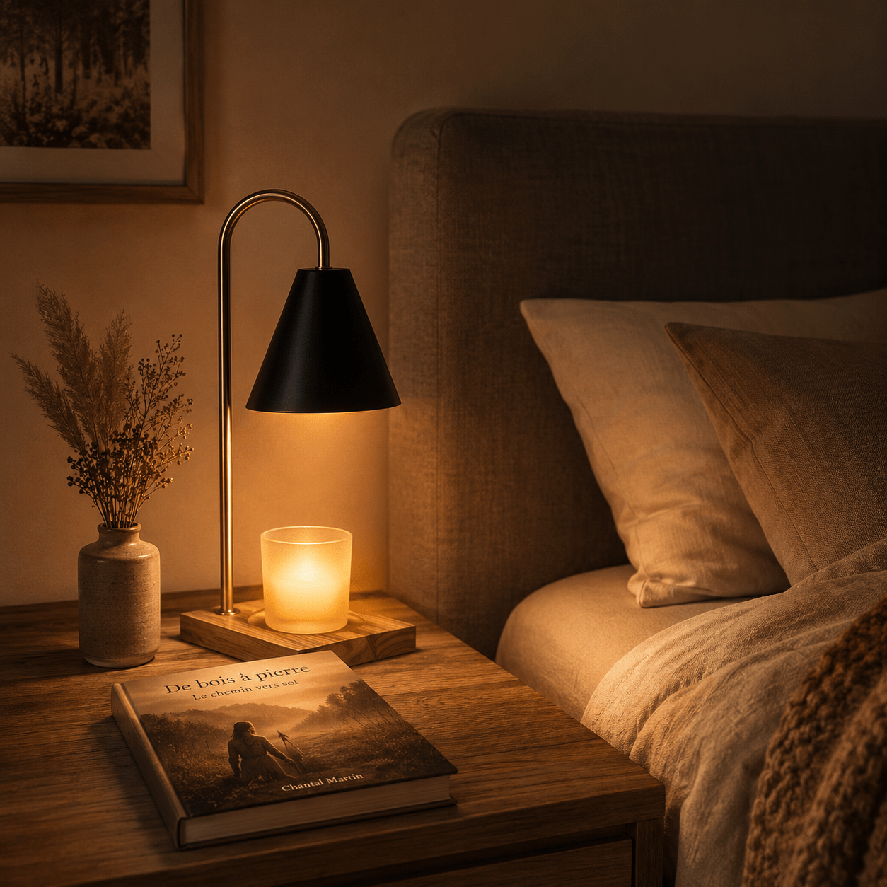 Lampe chauffe-bougie aromathérapie premium avec variateur et minuterie sur table de nuit, diffusant délicatement la chaleur d’une bougie parfumée dans une chambre chaleureuse propice à la détente et au bien-être