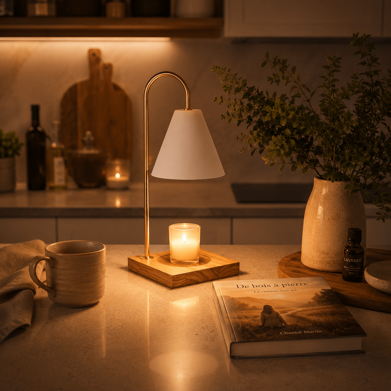 Lampe chauffe-bougie aromathérapie premium blanche avec variateur d’intensité et minuterie, idéale pour diffuser les parfums de vos bougies sans flamme dans un décor moderne et apaisant