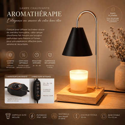 Infographie de la lampe chauffe-bougie aromathérapie premium noire avec base en bois, variateur d’intensité et minuterie intégrée. Présentation des avantages sans flamme, diffusion optimale des parfums, lumière douce, dimensions et caractéristiques techniques pour une ambiance chaleureuse et relaxante