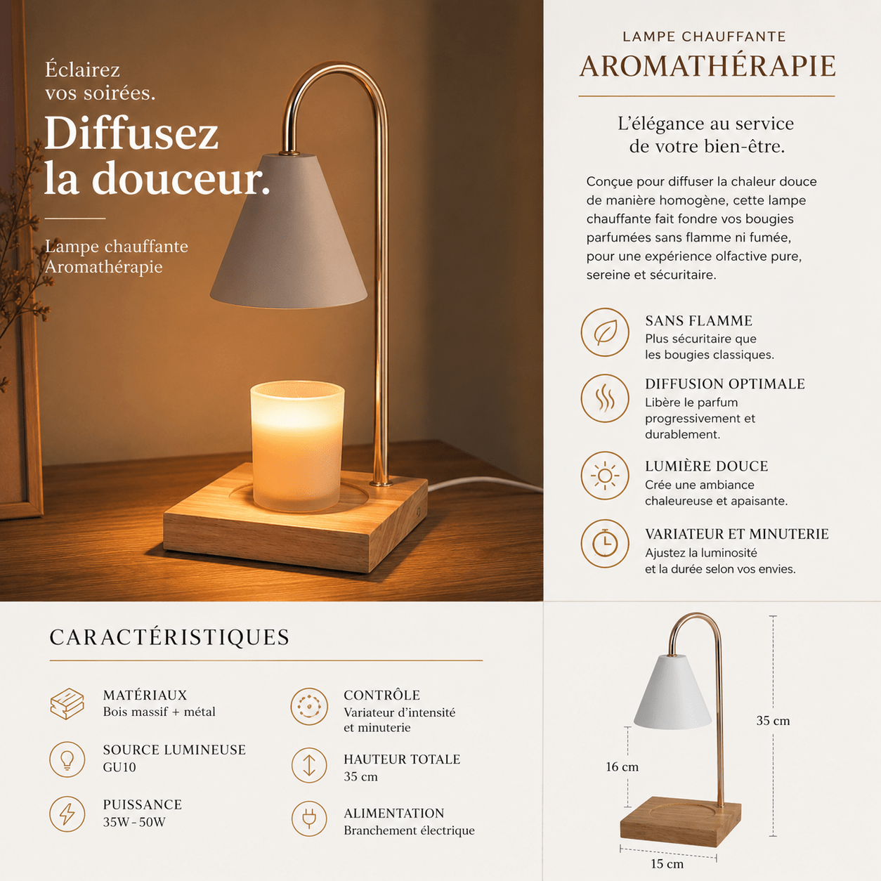Infographie de la lampe chauffe-bougie aromathérapie premium avec variateur et minuterie, présentant ses caractéristiques, ses dimensions, sa diffusion sans flamme et ses avantages pour créer une ambiance chaleureuse et relaxante