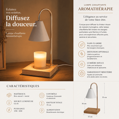 Infographie de la lampe chauffe-bougie aromathérapie premium avec variateur et minuterie, présentant ses caractéristiques, ses dimensions, sa diffusion sans flamme et ses avantages pour créer une ambiance chaleureuse et relaxante