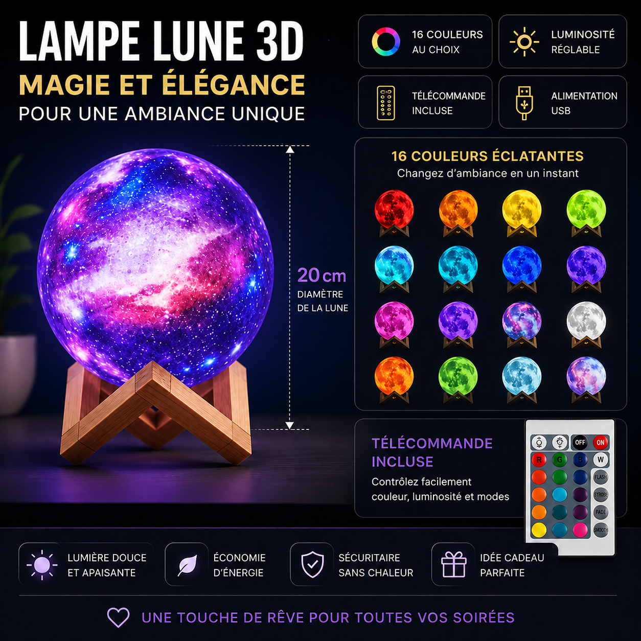 Lampe lune 3D multicolore sur support en bois présentant ses fonctionnalités : 16 couleurs au choix, télécommande, réglage de la luminosité, alimentation USB et lumière douce pour une ambiance relaxante et décorative.