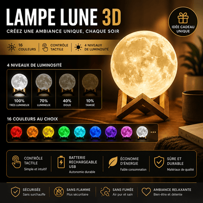 Lampe lune 3D décorative illustrant ses fonctionnalités principales : 16 couleurs d’éclairage, contrôle tactile, intensité lumineuse ajustable, batterie rechargeable USB et ambiance apaisante pour la chambre ou le salon.