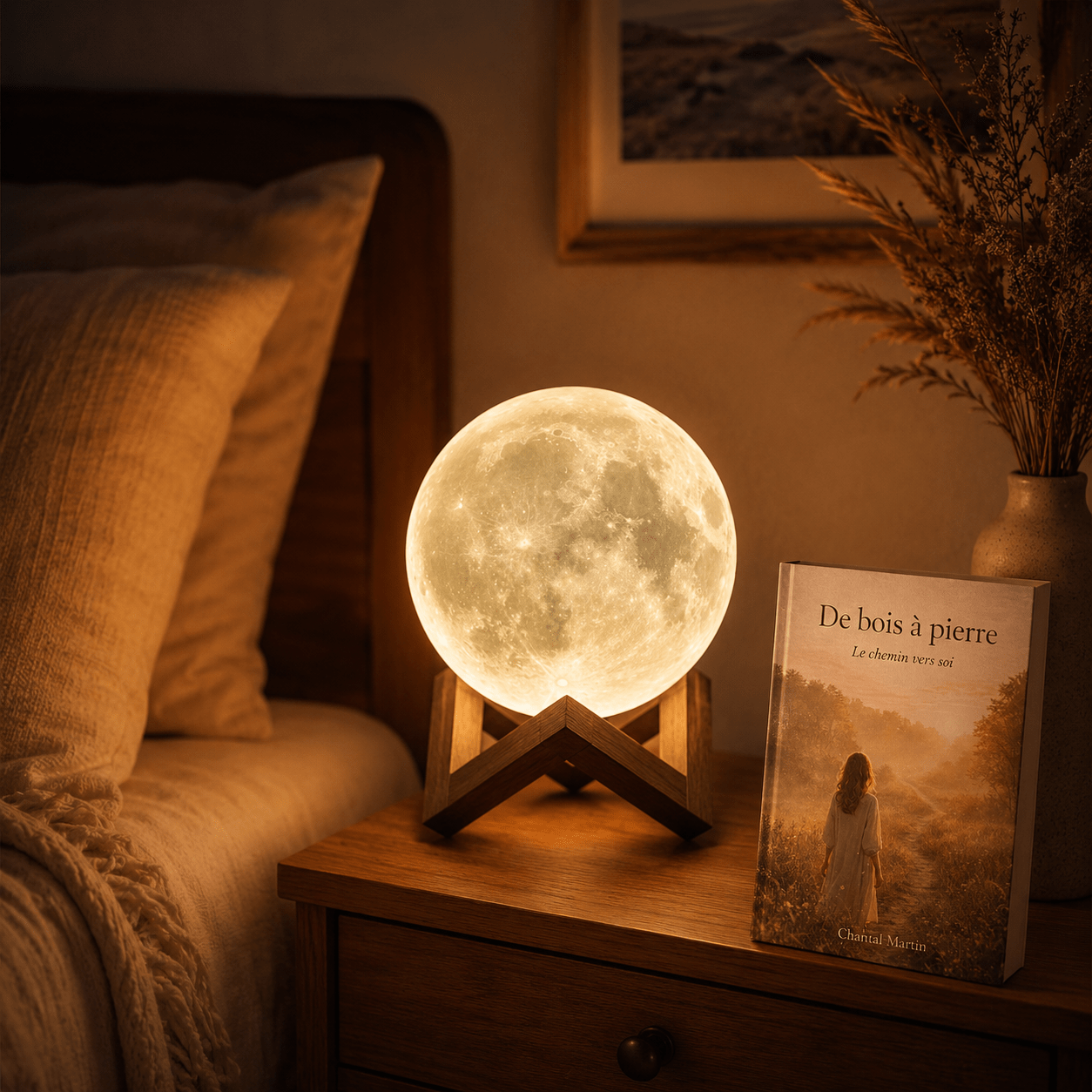 Lampe lune décorative éclairant une chambre avec une lumière chaleureuse et relaxante, accompagnée d’un livre et d’une décoration naturelle pour favoriser le calme, le bien-être et la sérénité.