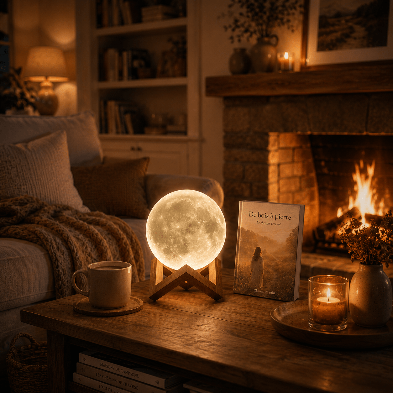 Lampe lune décorative éclairant un salon chaleureux avec foyer, livre et bougie, idéale pour créer une atmosphère apaisante, relaxante et réconfortante à la maison.