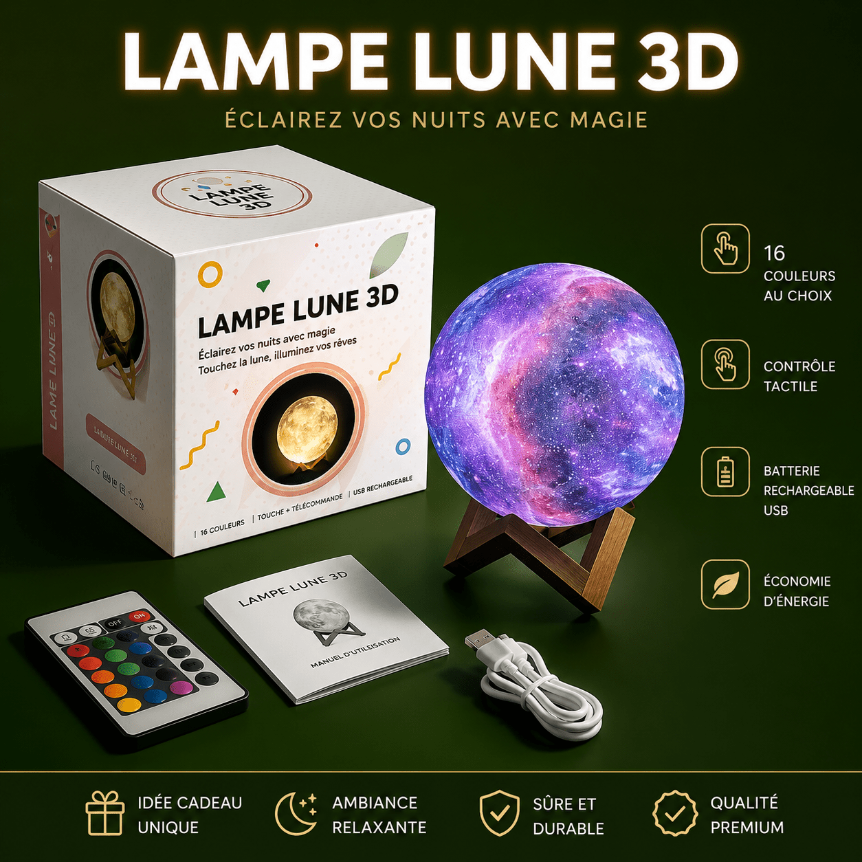 Ensemble lampe lune 3D LED avec télécommande, 16 couleurs au choix, contrôle tactile, batterie rechargeable USB et support en bois, idéal pour une décoration lumineuse apaisante et originale.