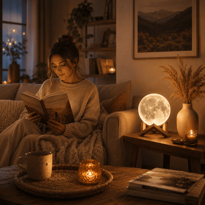 Lampe lune enchantée créant une ambiance chaleureuse et apaisante dans un salon, accompagnant un moment de lecture et de détente avec une lumière douce inspirée de la pleine lune.