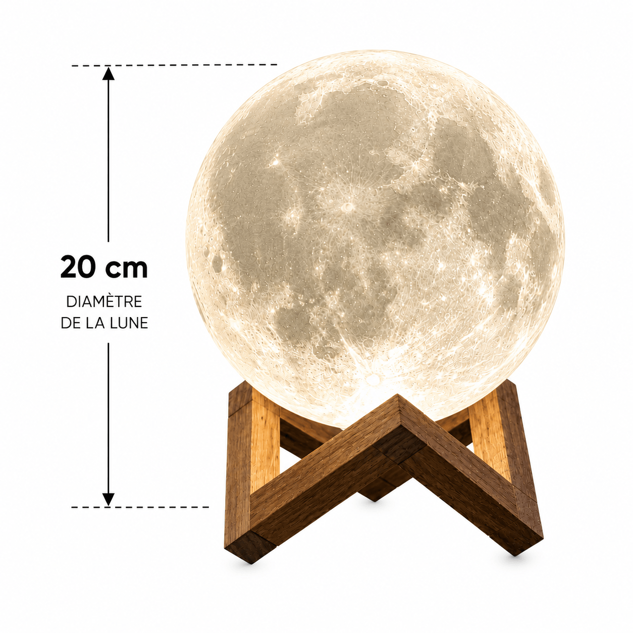 Dimensions de la Lampe Lune Enchantée 3D de 20 cm avec support en bois, veilleuse décorative à lumière douce idéale pour une ambiance relaxante et chaleureuse