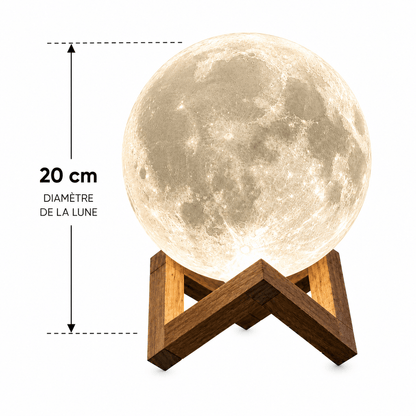 Dimensions de la Lampe Lune Enchantée 3D de 20 cm avec support en bois, veilleuse décorative à lumière douce idéale pour une ambiance relaxante et chaleureuse