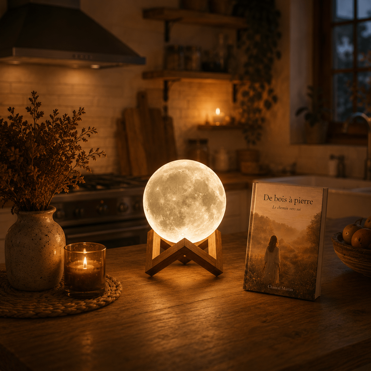 Lampe lune décorative illuminant une cuisine chaleureuse avec une lumière douce, aux côtés d’une bougie et d’un livre, pour une ambiance calme et réconfortante.