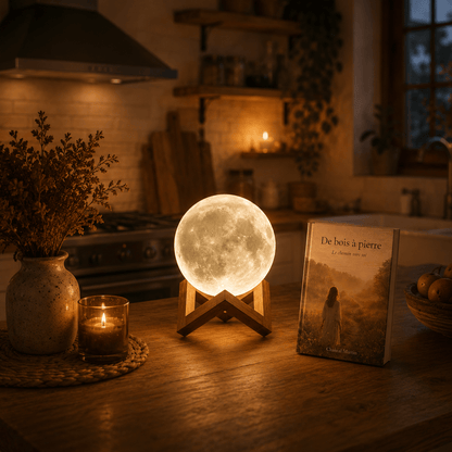 Lampe lune décorative illuminant une cuisine chaleureuse avec une lumière douce, aux côtés d’une bougie et d’un livre, pour une ambiance calme et réconfortante.