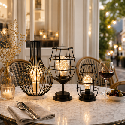 Ensemble Harmonie & Élégance composé de trois lampes décoratives LED sur une table de bistrot élégante, diffusant une lumière chaleureuse dans une ambiance haut de gamme, idéale pour une décoration intérieure raffinée ou une terrasse couverte.