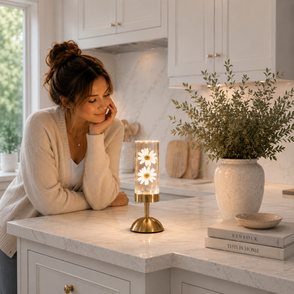 Lampe décorative LED rechargeable avec marguerites blanches illuminées dans un cylindre en verre, posée sur un îlot de cuisine en marbre blanc. Une femme admire la lampe dans une cuisine moderne aux tons greige et bleu poudre, créant une ambiance chaleureuse, élégante et apaisante.