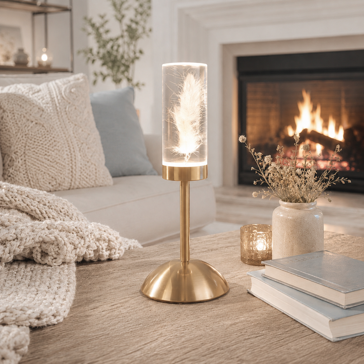 Lampe décorative LED rechargeable avec plume lumineuse dans un cylindre en verre, posée sur une table basse en bois devant un foyer. Entourée de coussins en tricot, de livres décoratifs, d'un vase de fleurs séchées et d'une ambiance aux tons greige et bleu poudre, cette lampe diffuse une lumière douce et chaleureuse pour créer un salon élégant, apaisant et réconfortant.
