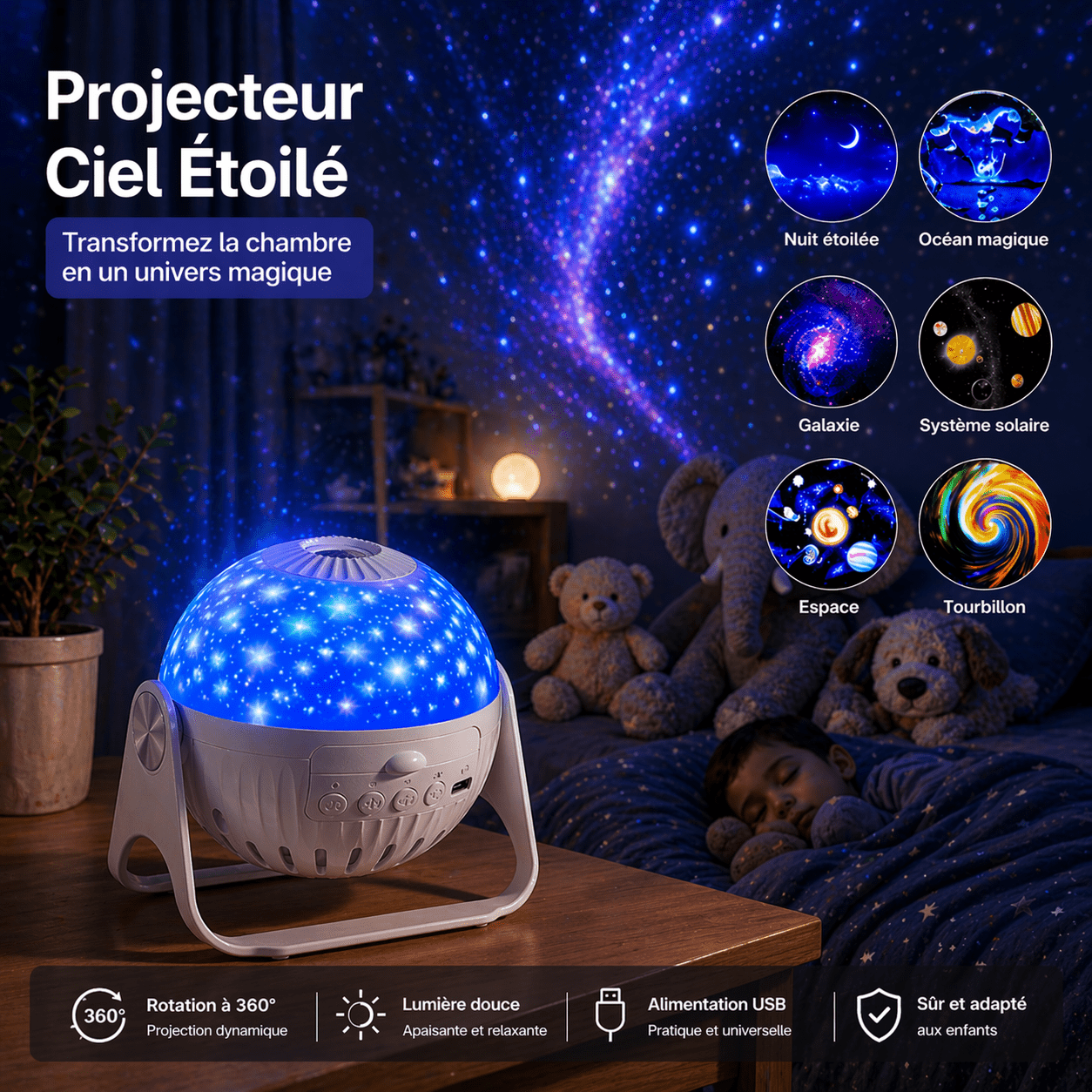 Projecteur galaxie ciel étoilé enfant à rotation 360° avec projections de galaxie, étoiles, système solaire et espace, créant une ambiance immersive dans la chambre