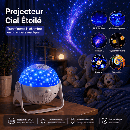 Projecteur galaxie ciel étoilé enfant à rotation 360° avec projections de galaxie, étoiles, système solaire et espace, créant une ambiance immersive dans la chambre