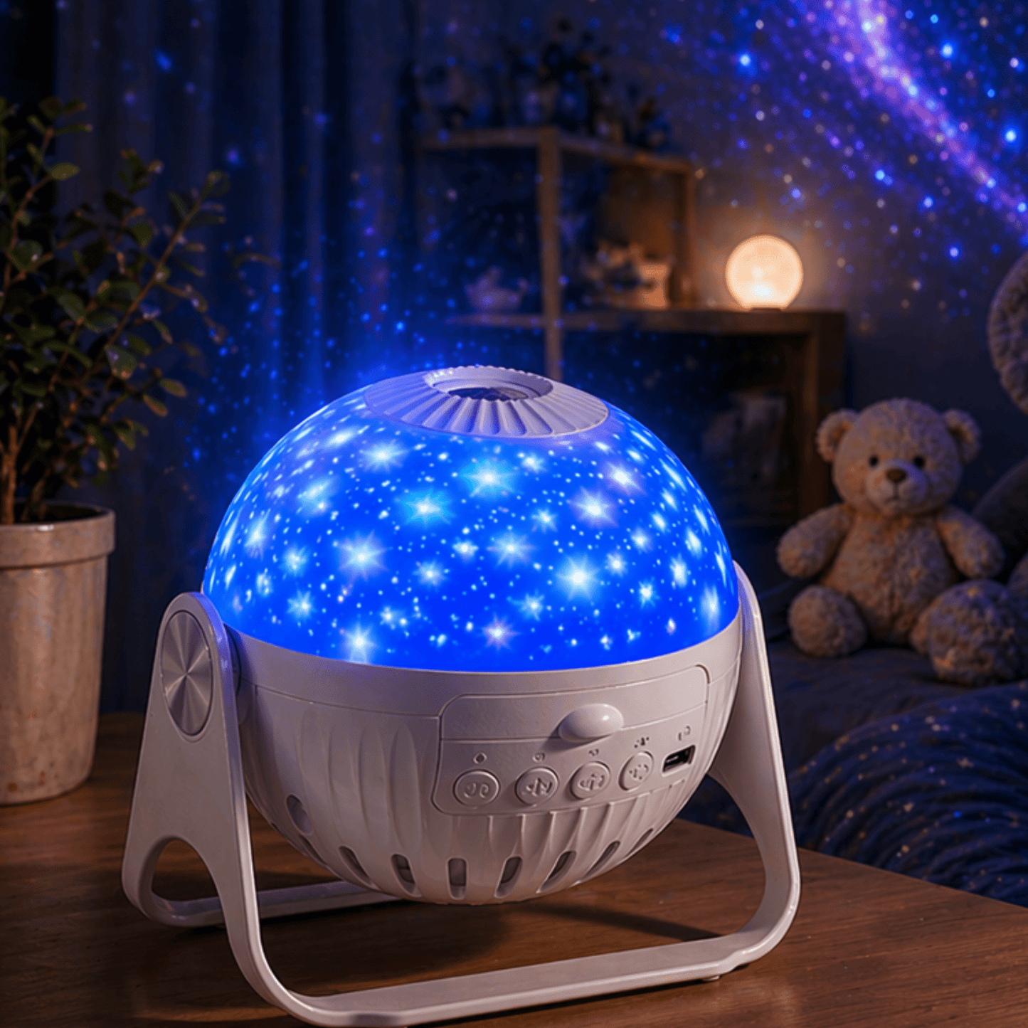 Projecteur galaxie ciel étoilé enfant avec projection d’étoiles bleues sur les murs et le plafond, idéal pour créer une ambiance douce et réconfortante dans la chambre.