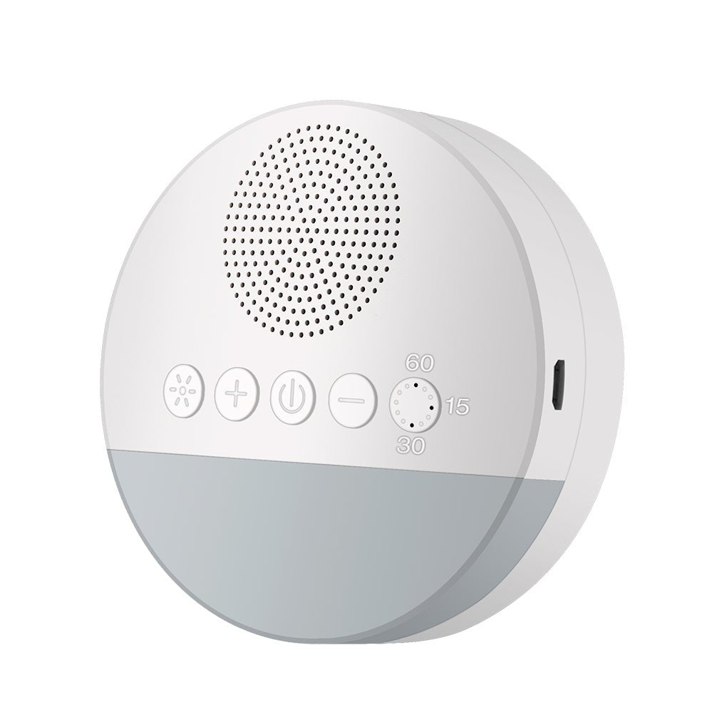 Veilleuse bébé bruit blanc rechargeable avec lumière apaisante, contrôle du volume, minuterie automatique et sons relaxants pour le sommeil.