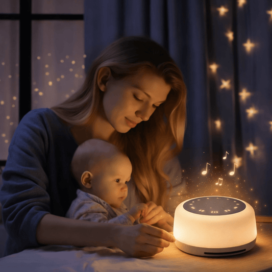 "maman et bébé découvrant une veilleuse bébé avec lumière douce et sons apaisants pour le coucher"