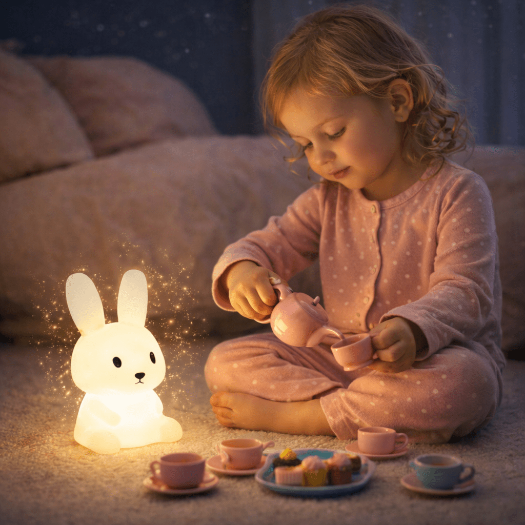 "Veilleuse bébé lapin lumière douce enfant joue calmement avec ses jouets ambiance apaisante du soir avant le coucher"