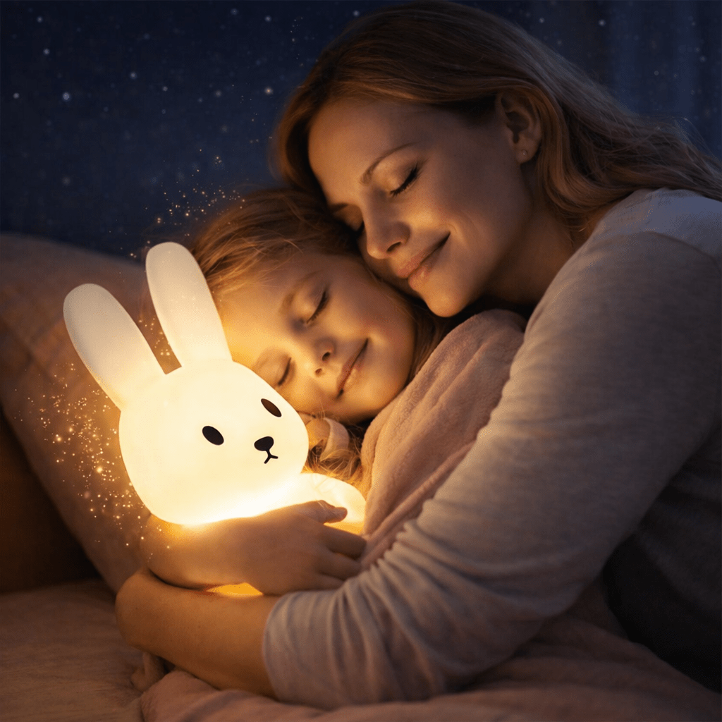 "Veilleuse bébé lapin lumière douce enfant s’endort dans les bras de sa maman ambiance rassurante et apaisante pour le coucher"