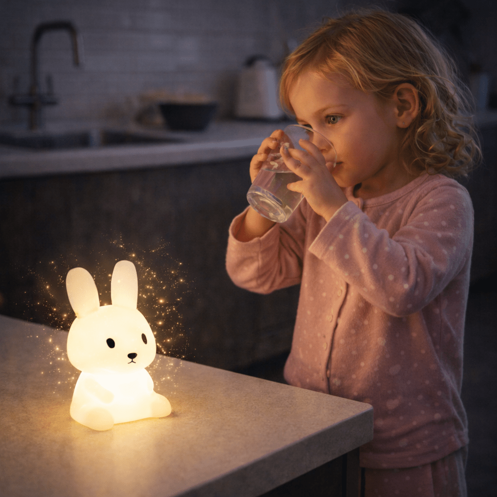 "Veilleuse bébé lapin lumière douce enfant boit un verre d’eau ambiance rassurante du soir dans la cuisine avant le coucher"