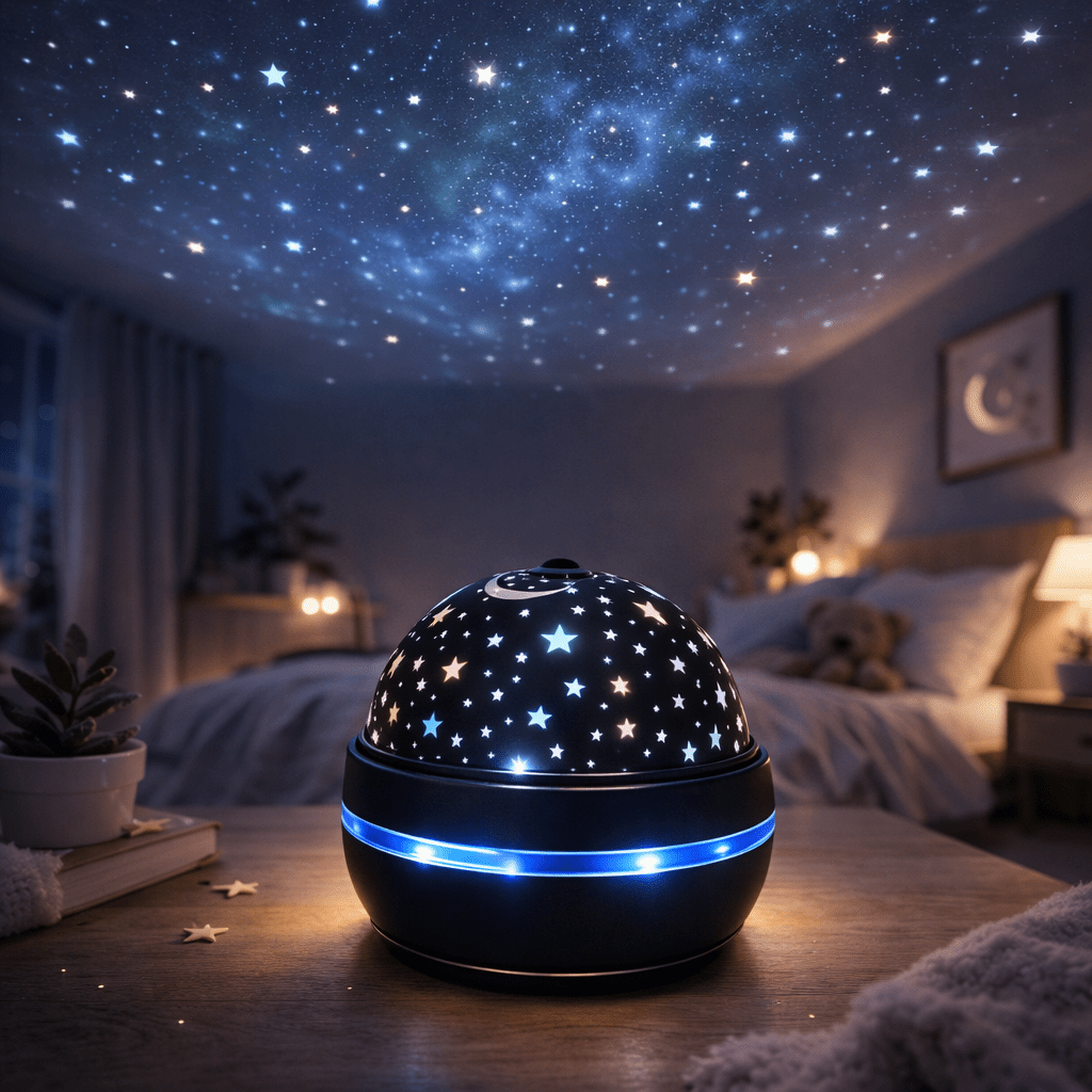 "veilleuse projecteur étoilé projetant un ciel étoilé lumineux au plafond dans une chambre de bébé la nuit"