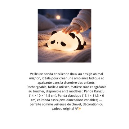 "veilleuse panda en silicone douce et lumineuse utilisée par un enfant pour s’apaiser avant de dormir"