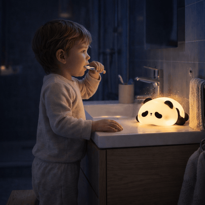 "enfant se brossant les dents le soir avec veilleuse panda diffusant une lumière douce pour accompagner la routine du coucher"