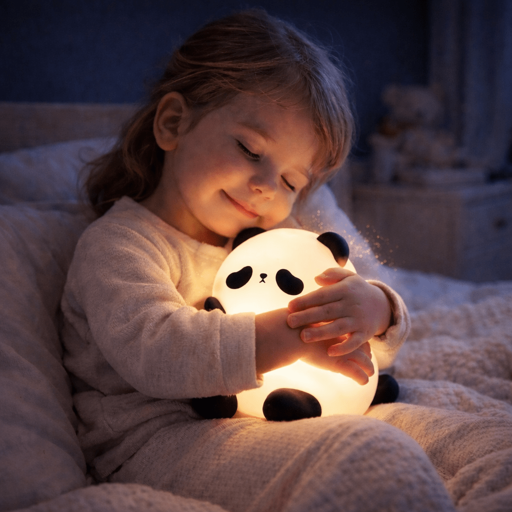 "petite fille serrant une veilleuse panda lumineuse dans ses bras avec une expression douce et apaisée au moment du coucher"