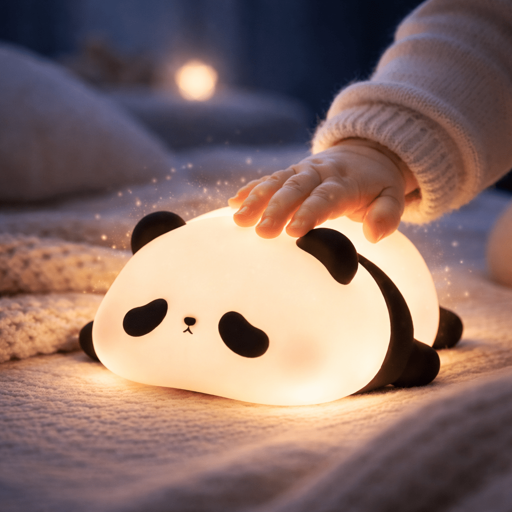 "main d’enfant touchant une veilleuse panda en silicone doux diffusant une lumière chaude et apaisante"