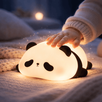 "main d’enfant touchant une veilleuse panda en silicone doux diffusant une lumière chaude et apaisante"