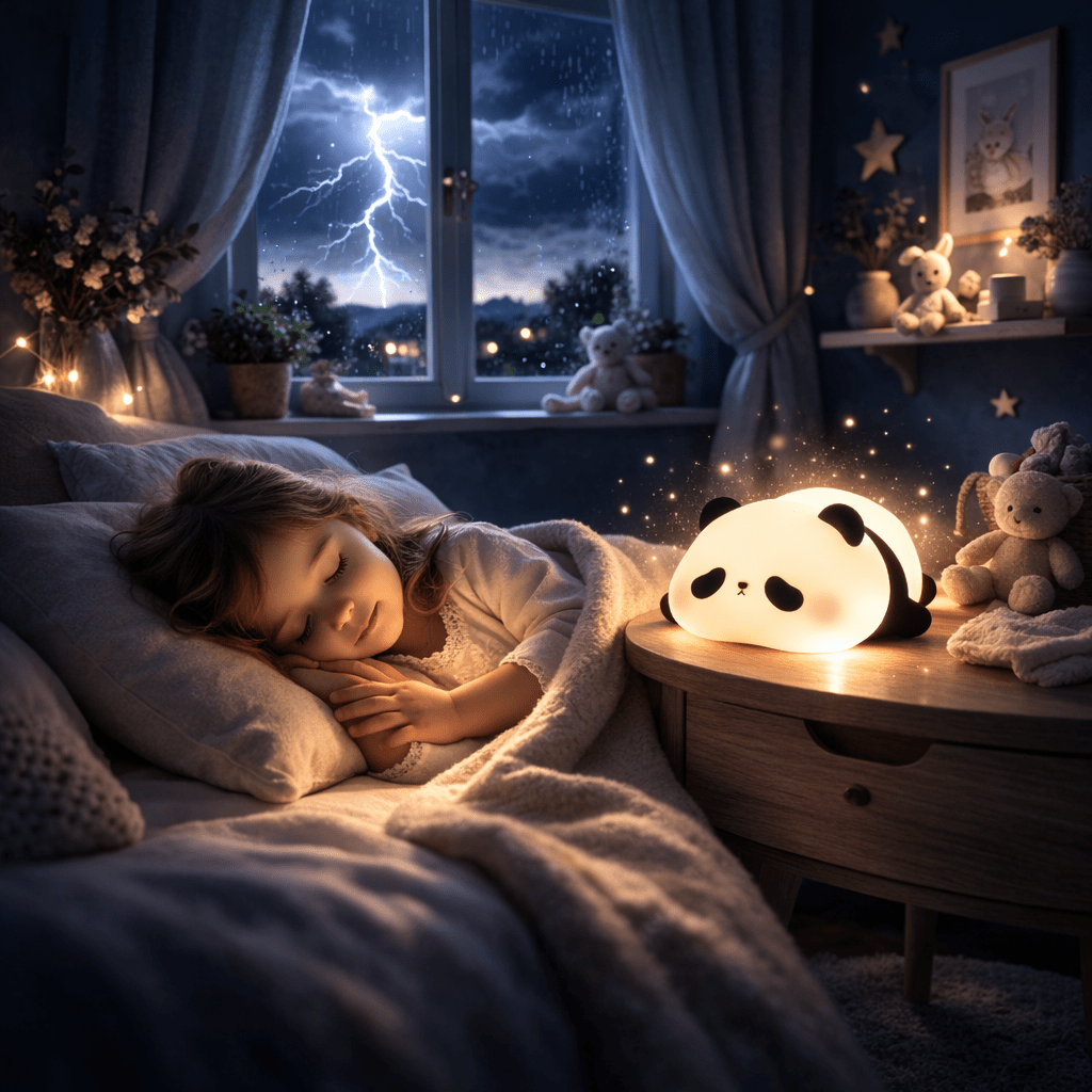 "enfant dormant paisiblement pendant un orage avec veilleuse panda diffusant une lumière douce et rassurante dans la chambre"