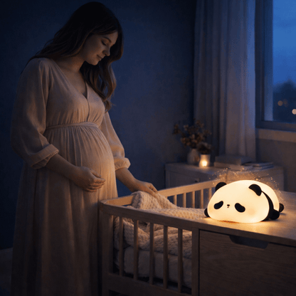 "future maman dans une chambre de bébé préparant le lit avec veilleuse panda diffusant une lumière douce et apaisante"