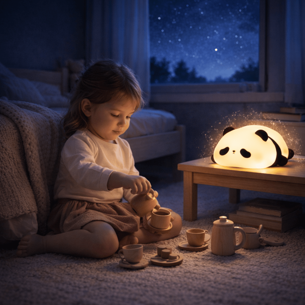 "petite fille jouant calmement dans sa chambre le soir avec veilleuse panda diffusant une lumière douce et apaisante"